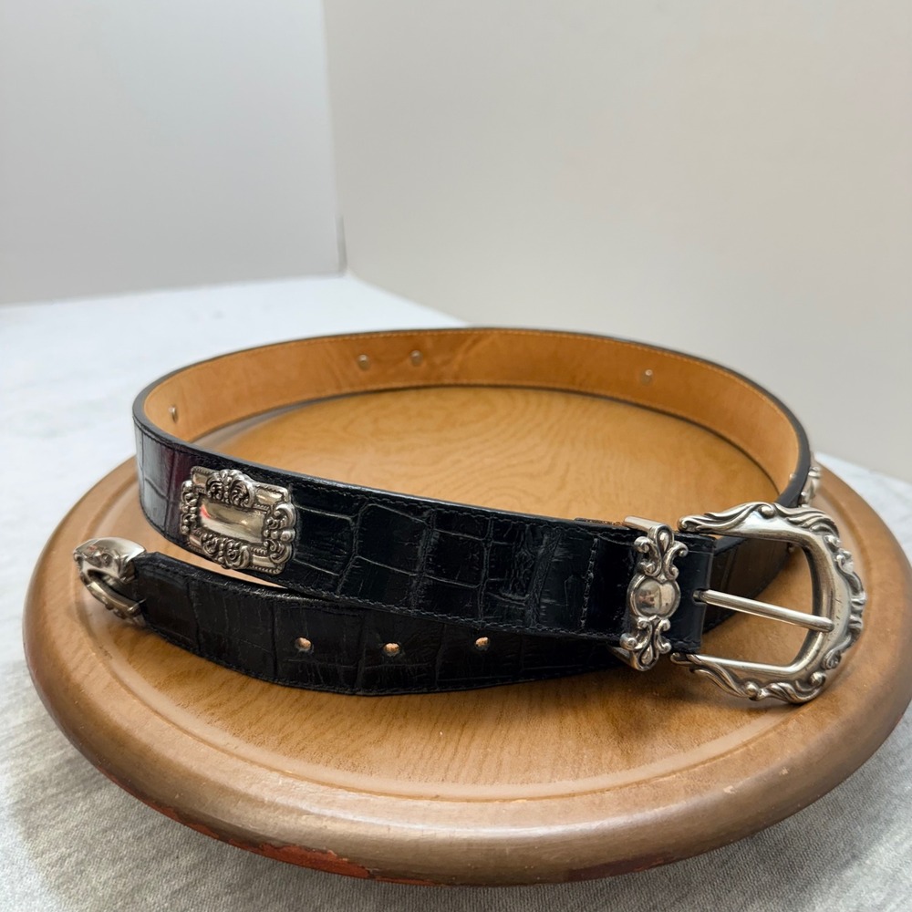 Brighton VTG L 32-34 Black Croc Embossed Leather Western Belt Silver Hardware